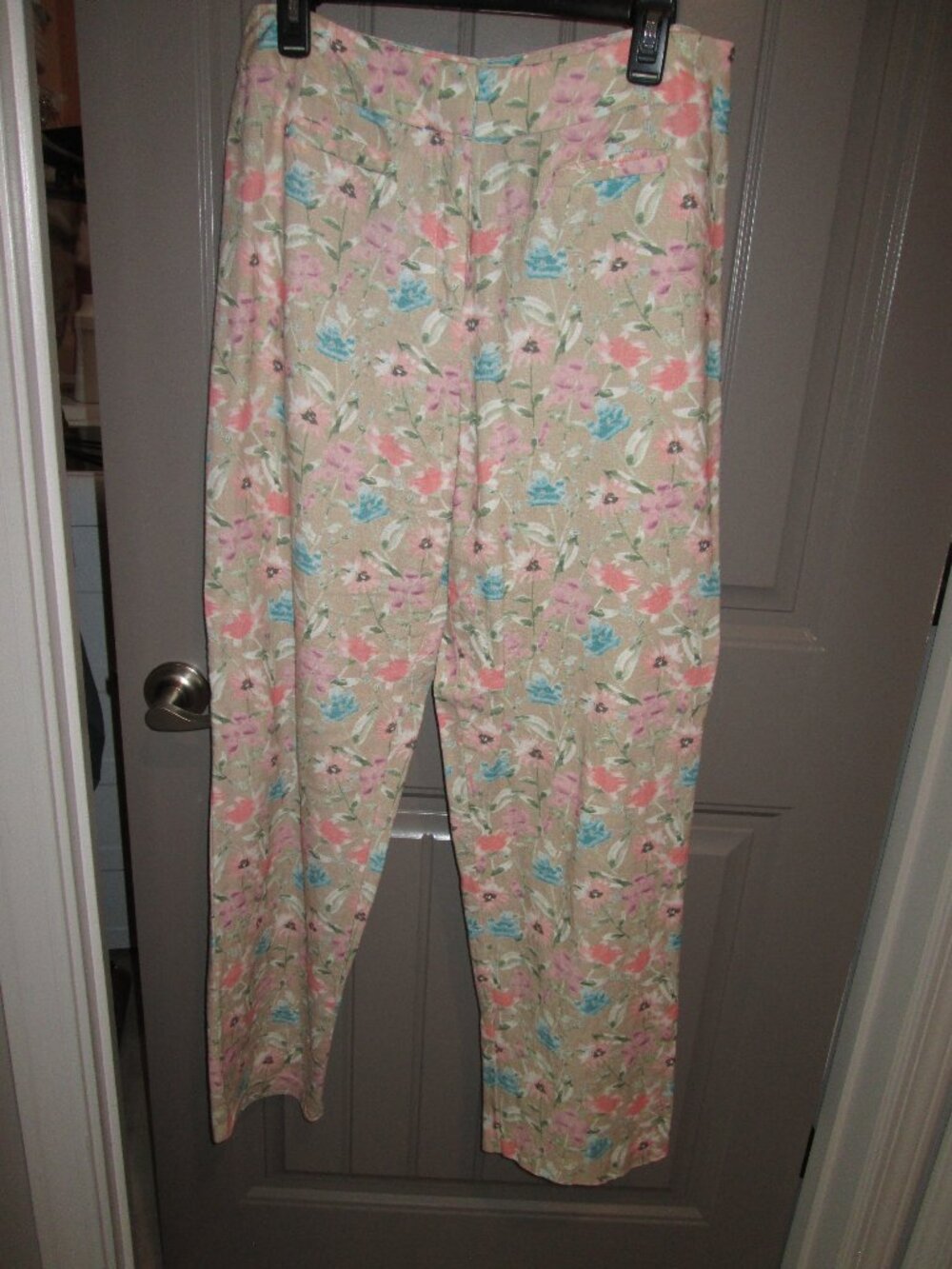 Women's Linen Pastel Floral Pants, Size 14, Hook/Slide & Button Close, Pockets